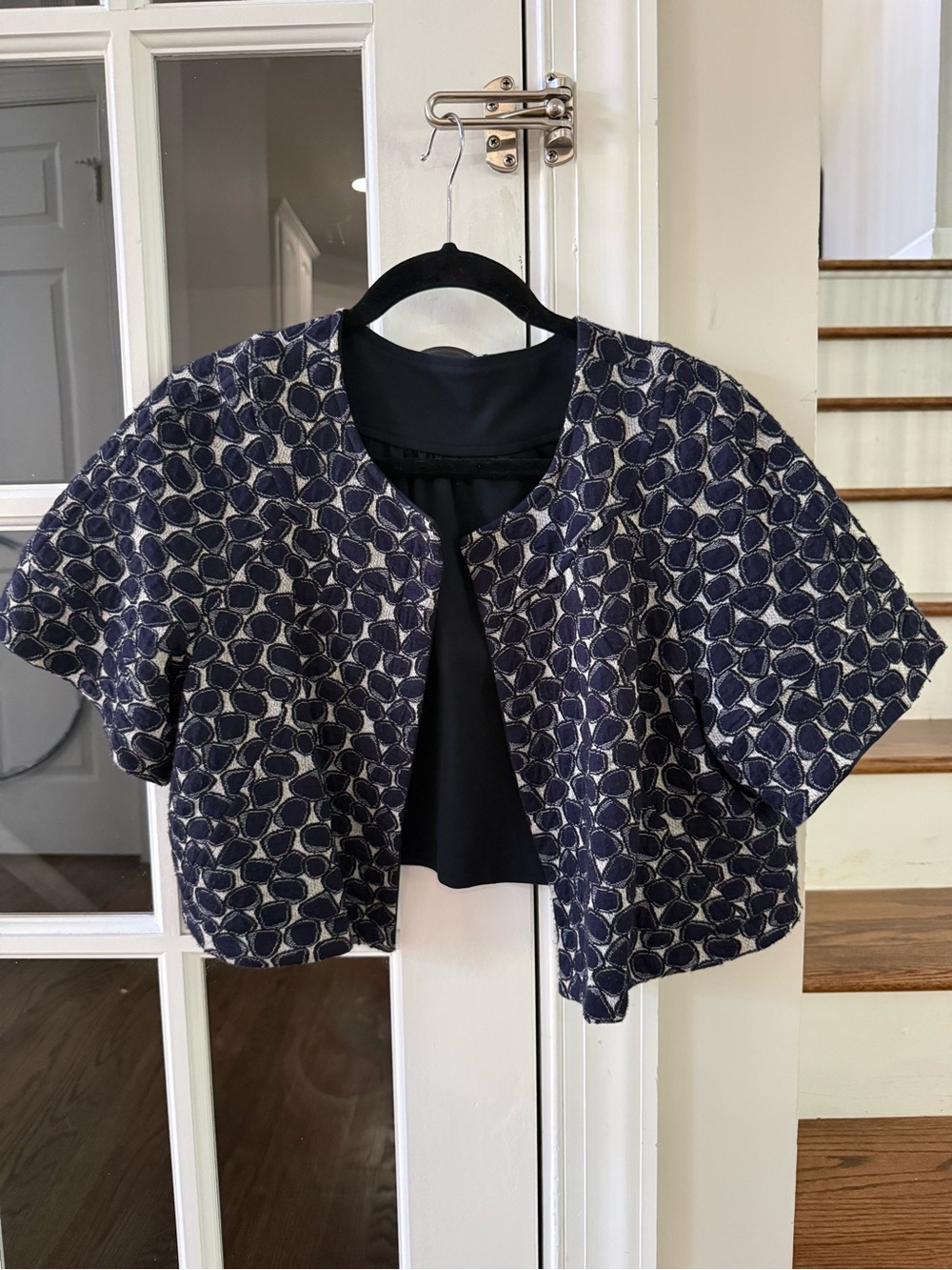 Diane Von Furstenberg Navy Blue Patterned Cropped Cape Jacket